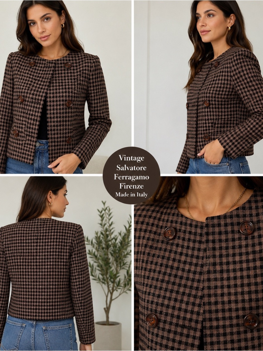 Salvatore Ferragamo Firenze 100% Wool Houndstooth Jacket Blazer IT 8 VTG Italy
